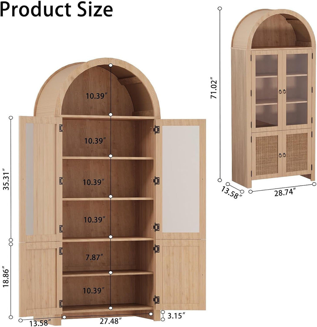 Patikuin Tall Arched Cabinet, Arched Pantry Cabinet with 4 Doors & 6 Open Shelves, 71 Inch Farmhouse Kitchen Arched Cabinet for Living Room, Dining Room, Kitchen Bathroom