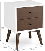 Mid Century Modern Style 2-Drawer White Night Stand Solid Wood 23.6" H,for Small Spaces