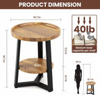 PPAMAPIC Round End Table, 2 Tier Side Table with Storage Shelf, Nightstand Accent Table for Living Room Bedroom Small Space, Black Metal Frame, 15.7" D x 19.7" H, Rustic Brown