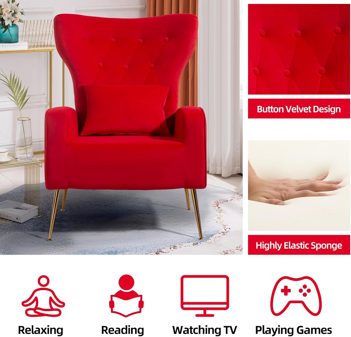 ZJhome Button-Tufted Velvet Accent Chairs, WingBack Living Room Chair Armchair with Lumbar Pillow, Bedroom Chairs Arm Chair with Golden Legs, Red
