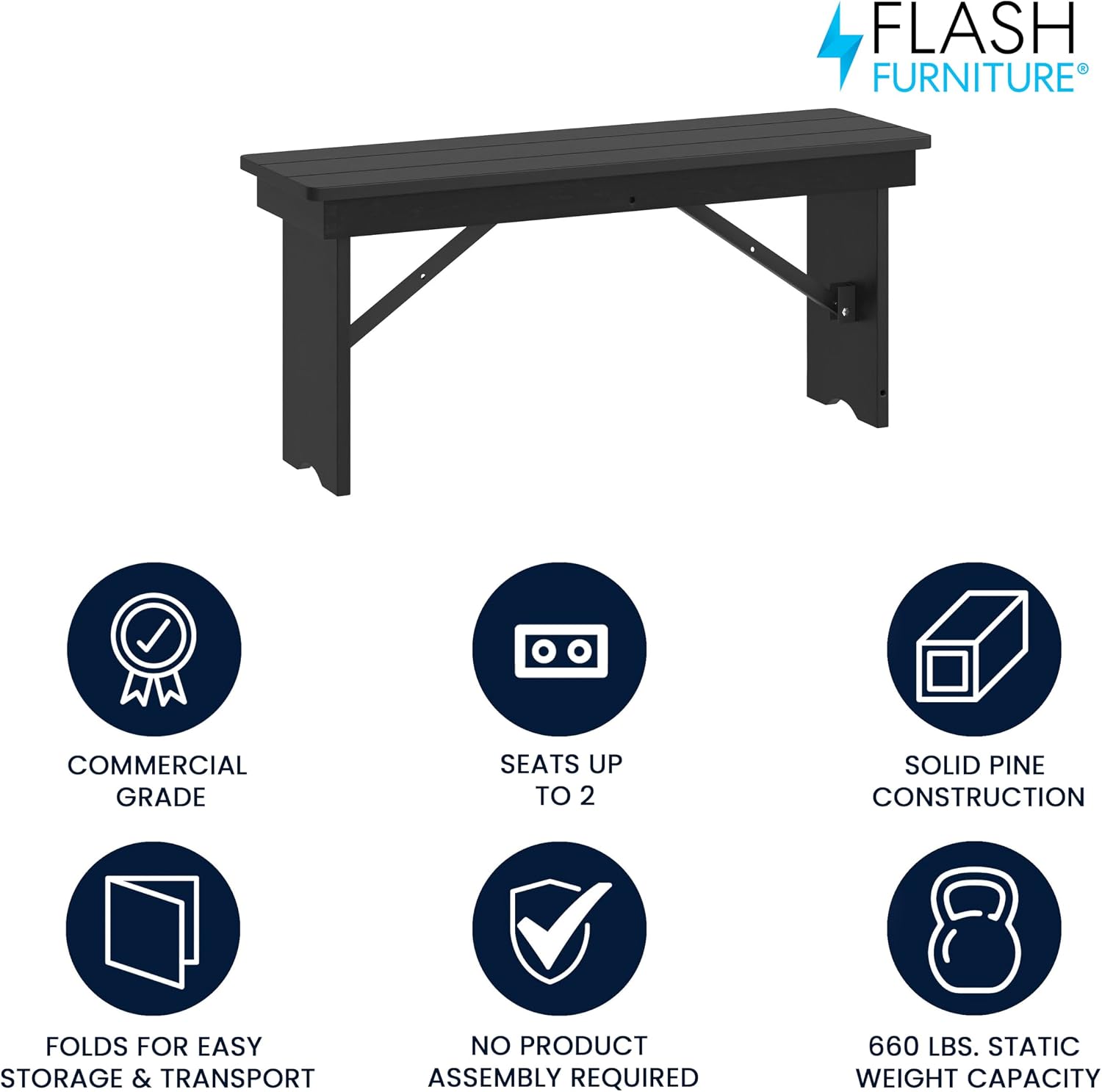 Flash Furniture Hercules Commercial Farmhouse Folding Bench, Antique Solid Pine Entryway Bench, Foldable Locking Legs, 40" x 12", Black Wash