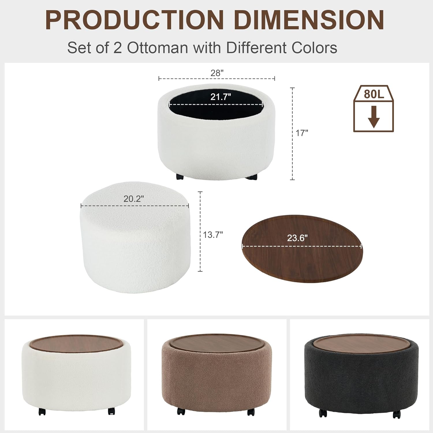 28 Inch Round Storage Ottoman with Wheels Set of 2, Multifunctional Coffee Table Ottoman with Removable Solid Wood Lid, Modern Circle Ottoman Foot Rest for Living Room, Bedroom, Beige
