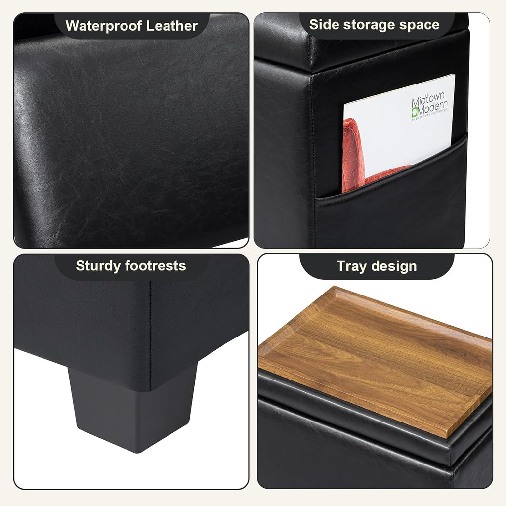 16" Faux Leather Storage Ottoman Foot Rest Stool with Wooden Tray, Footstool with Side Pocket & Wooden Legs, Small Space Coffee Table & Seat for Living Room, Bedroom, Dark Brown, Black
