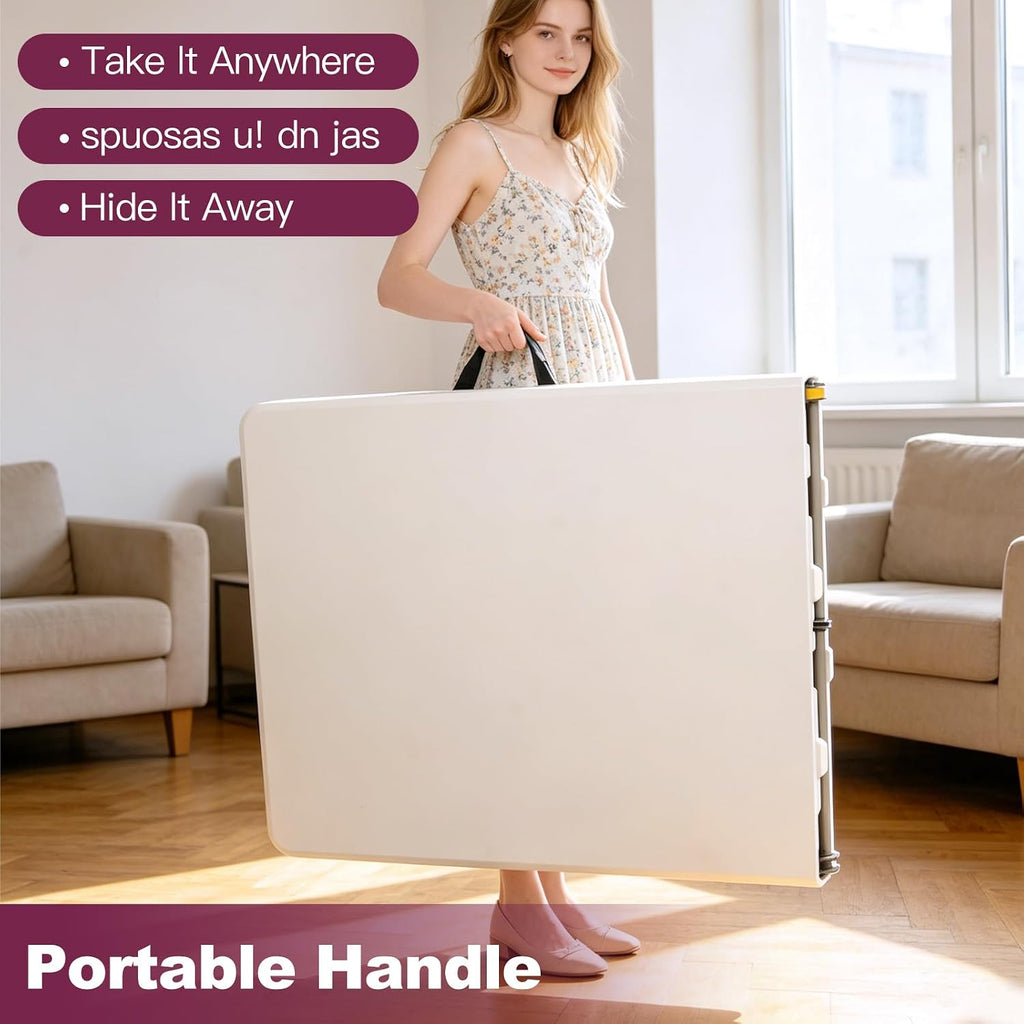 6FT Folding Table, Portable Fold-in-Half Plastic Utility Table with Carrying Handle, Heavy Duty Indoor Outdoor Dining Picnic Camping Party Table, Waterproof & Scratch Resistant, White