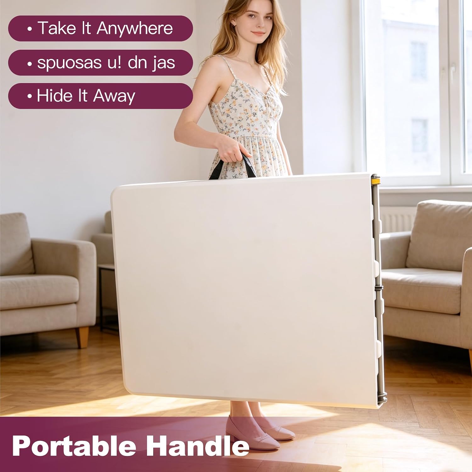 6FT Folding Table, Portable Fold-in-Half Plastic Utility Table with Carrying Handle, Heavy Duty Indoor Outdoor Dining Picnic Camping Party Table, Waterproof & Scratch Resistant, White