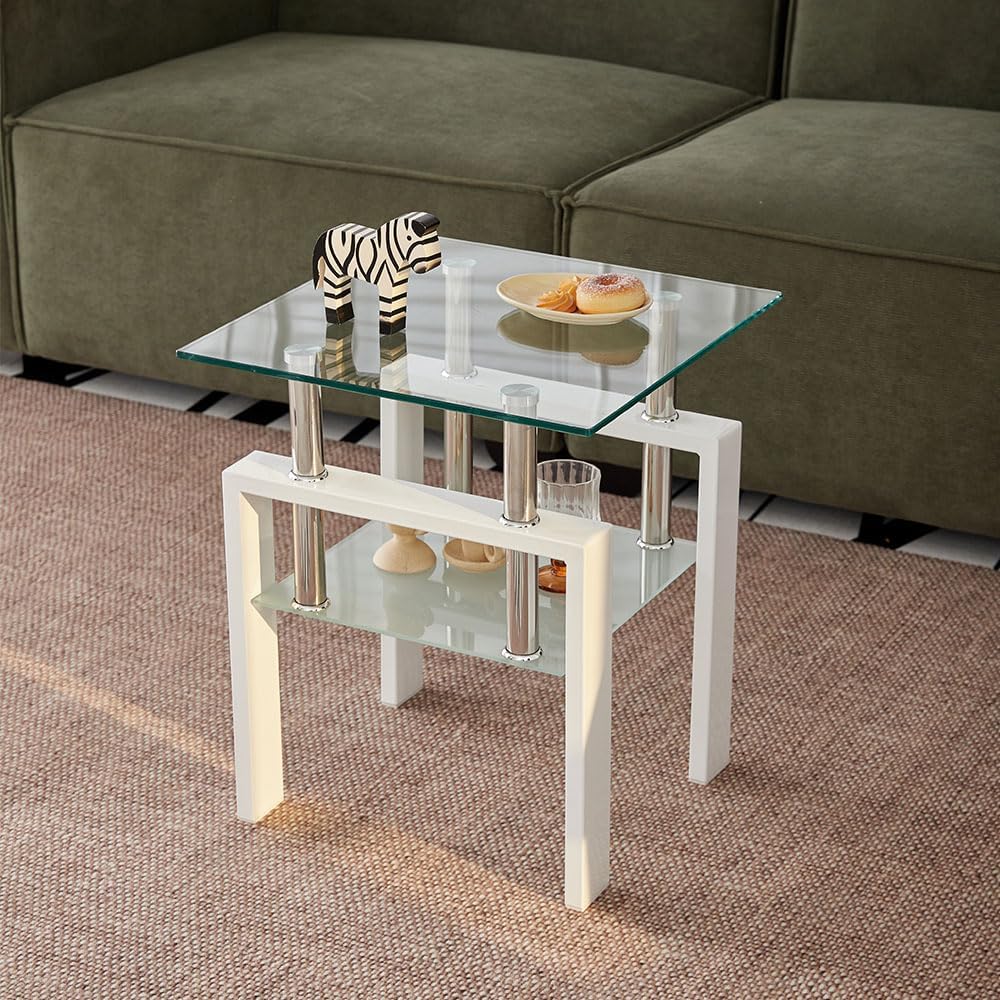 2pcs Modern Glass End Table - Two Tiered Clear Nightstand, Square Tempered Glass Tables with White Metal Frame for Living Room or Bedroom, Set of 2 17.72"x17.72"x20.47"H