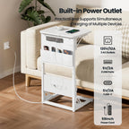 HLDIRECT C Shaped End Table with Charging Station, Couch Side Table with Storage Bag, Foldable TV Tray with 2 USB Ports and Outlets for Living Room, Bedroom, White