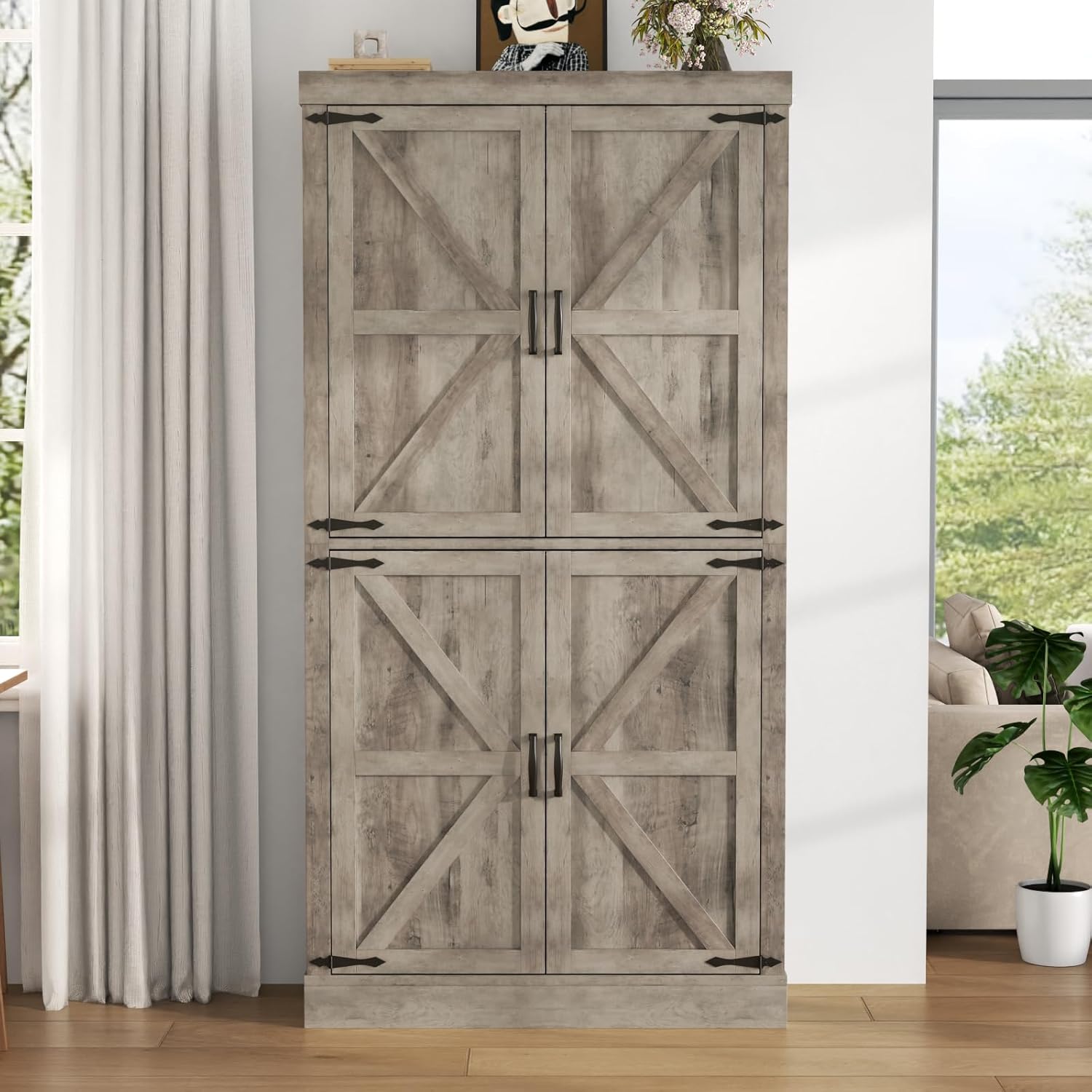 Farmhouse Kitchen Pantry Cabinet,69.1" Tall Kitchen Storage Cabinet with Adjustable Shelf,Modern Bathroom Storage Cabinets,Freestanding Floor Cabinets Cupboard for Living Room,Dining Room (Retro Grey)
