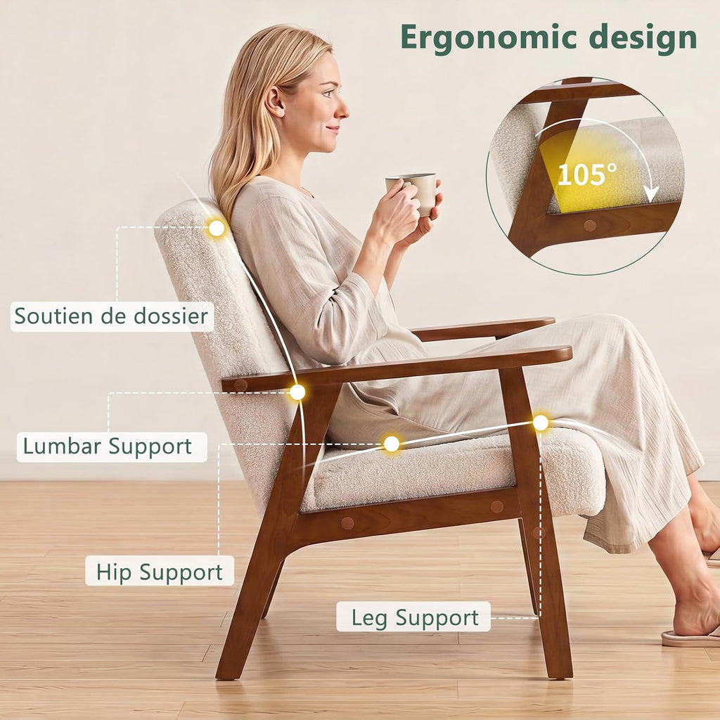 Furniliving Mid Century Modern Accent Chair, Wood Frame Upholstered Arm Chair with Waist Support, Button Tufted High Back Reading Armchair, Waiting Room Chairs for Bedroom Sunroom, Sherpa, White