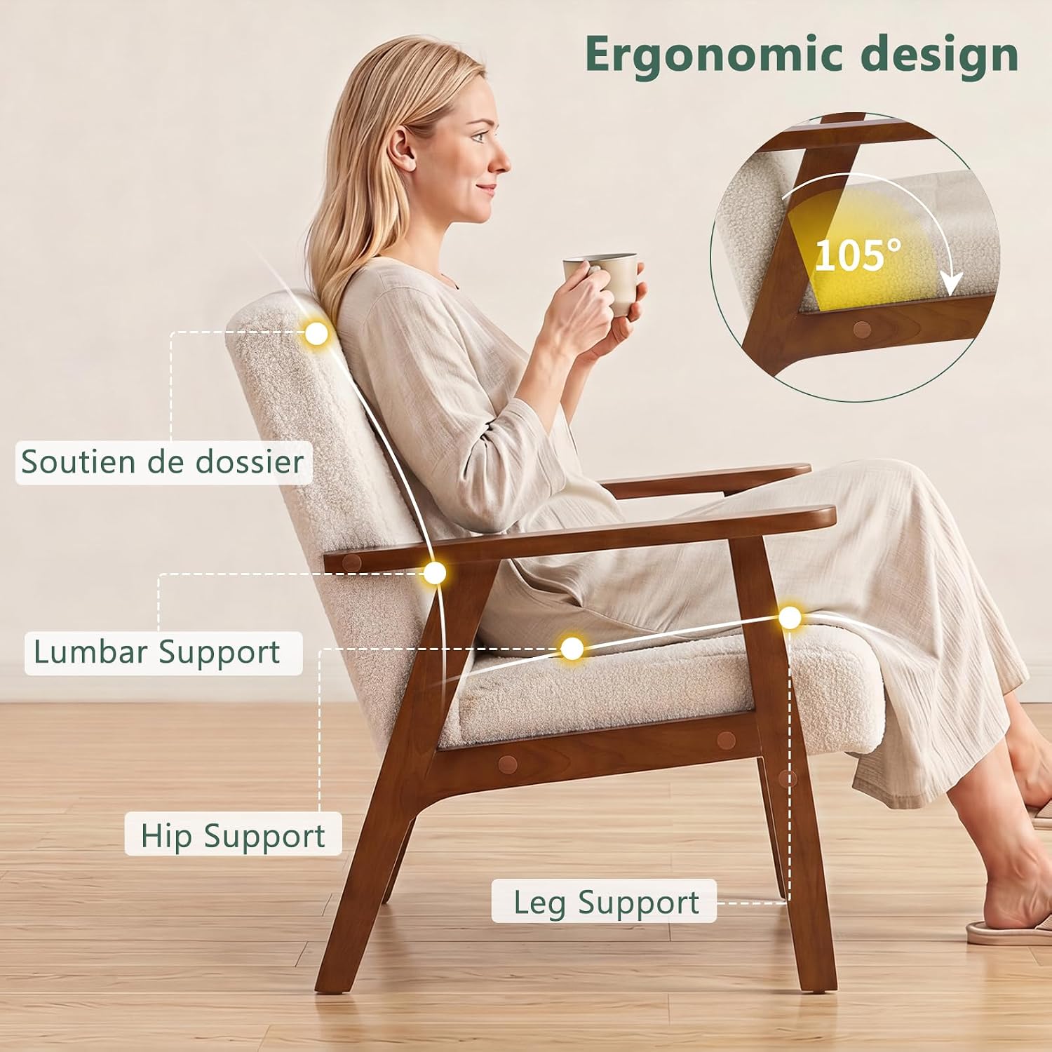 Furniliving Mid Century Modern Accent Chair, Wood Frame Upholstered Arm Chair with Waist Support, Button Tufted High Back Reading Armchair, Waiting Room Chairs for Bedroom Sunroom, Sherpa, White