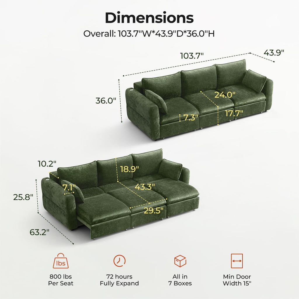 103" Electric Pull Out Sleeper Sofa Bed, 2in1 Power Extendable Couch Bed | Velvet Green, Fast Charging USB Port, 3 Smart Motor, Wide Backrest, Oversized Convertible Couches for Living Room Small Space