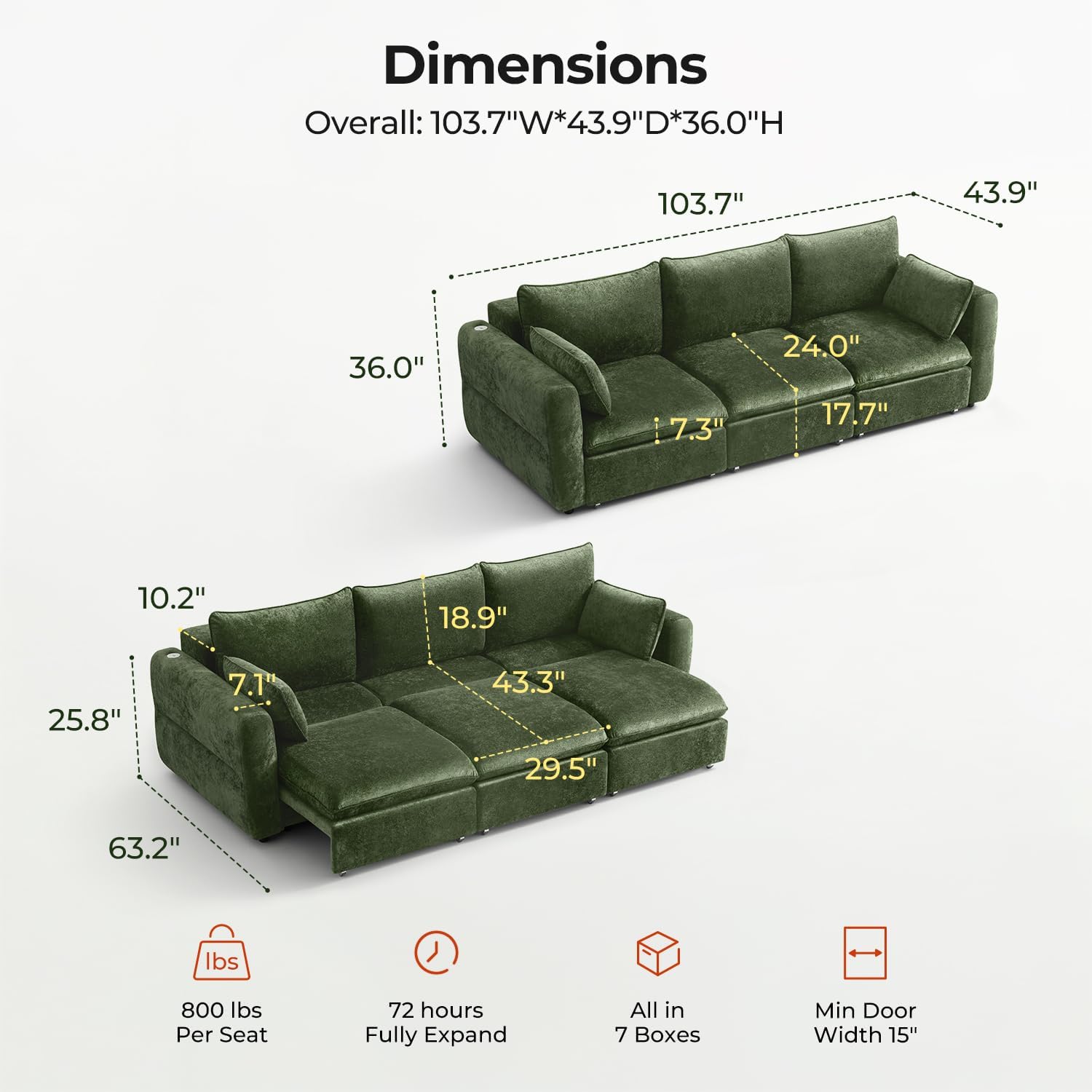 103" Electric Pull Out Sleeper Sofa Bed, 2in1 Power Extendable Couch Bed | Velvet Green, Fast Charging USB Port, 3 Smart Motor, Wide Backrest, Oversized Convertible Couches for Living Room Small Space