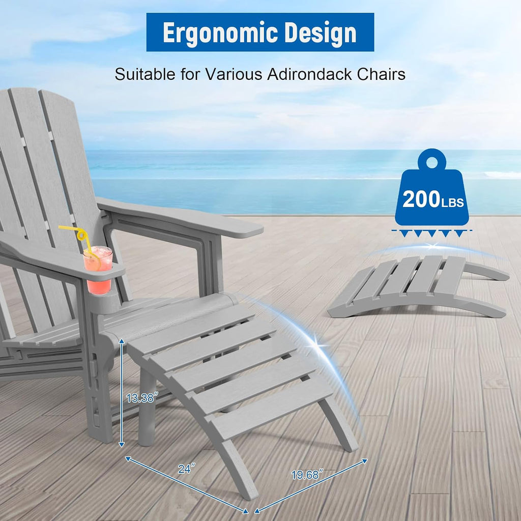 FONTOI Adirondack Ottoman, HDPE Plastic Adirondack Chair Footstool, All Weather Outdoor Footrest for Patio, Backyard, Lawn, Fire Pits, Grey