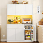 TEENFON Pantry Cabinet with Charging Station and LED Light, Kitchen Pantry Cabinet with Microwave Stand, Kitchen Storage Cabinets with Adjustable Shelves and Door Shelves for Dining Room, White