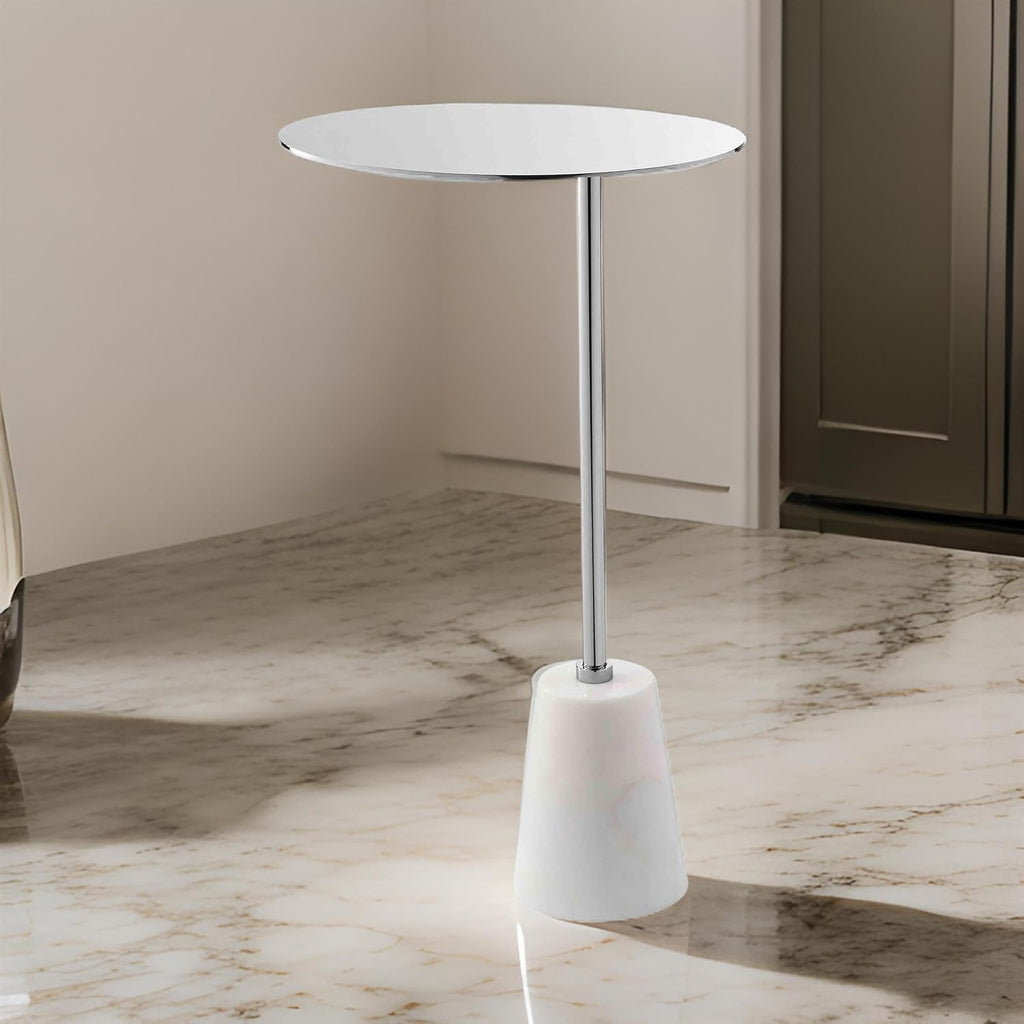 Benjara Frank 12" Drink Side End Table- Chrome Top- White Marble Solid Base