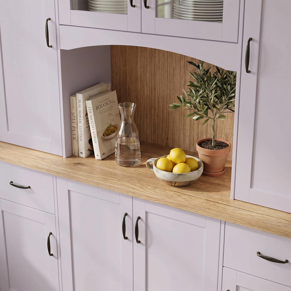 78.7” Farmhouse Kitchen Pantry Cabinet with Glass Doors & Hutch, Tall Pantry Storage Cupboard with 2 Drawers & Adjustable Shelf, Dining Room Home Bar, Purple & Brown, 66.9”W x 19.7”D x 78.7”H