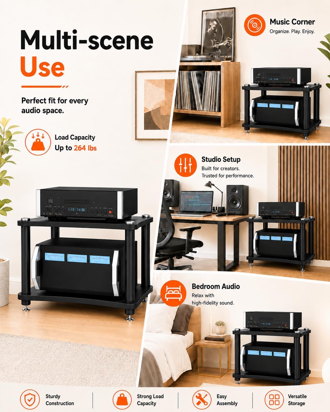 Heavy Duty 2-Tier AV Media Stand, 176 lb Load Capacity, Black | anti-vibration feet that help reduce resonance for clearer sound, open ventilation, cable management, Built for Hi-Fi systems