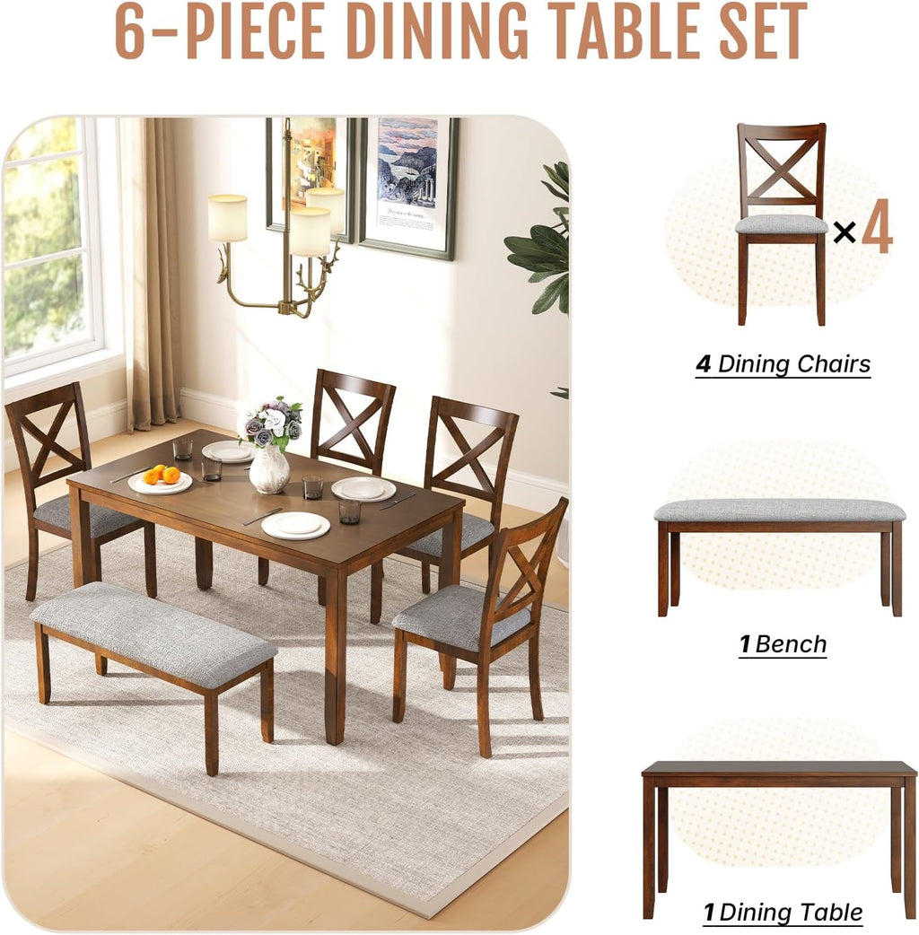 Zevemomo 6-Piece Wooden Dining Table Set, Wooden Legs Dining Table, Walnut | Dining Table Set for 6, Including 1 Dining Table, 4 Upholstered Chairs and 1 Bench, Table Set for Dining Room & Kitchen