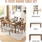 Zevemomo 6-Piece Wooden Dining Table Set, Wooden Legs Dining Table, Walnut | Dining Table Set for 6, Including 1 Dining Table, 4 Upholstered Chairs and 1 Bench, Table Set for Dining Room & Kitchen