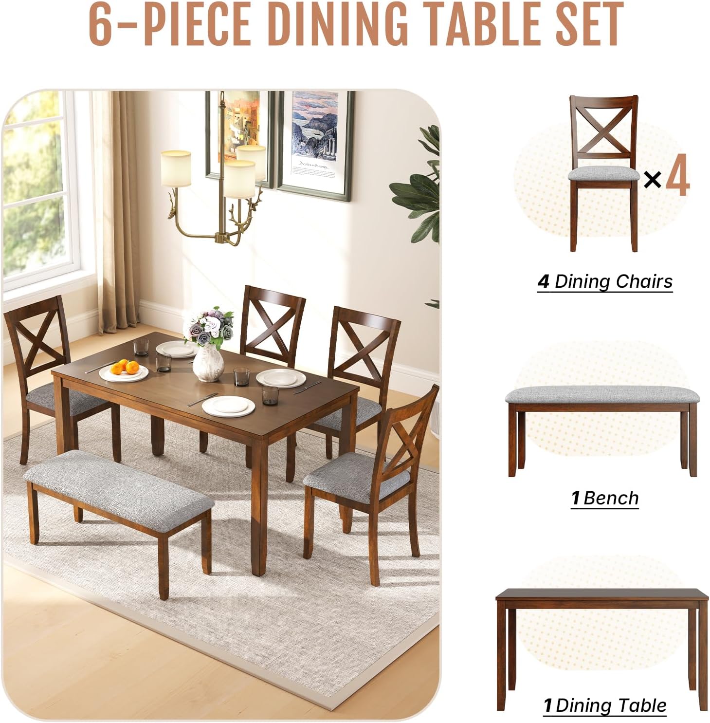 Zevemomo 6-Piece Wooden Dining Table Set, Wooden Legs Dining Table, Walnut | Dining Table Set for 6, Including 1 Dining Table, 4 Upholstered Chairs and 1 Bench, Table Set for Dining Room & Kitchen