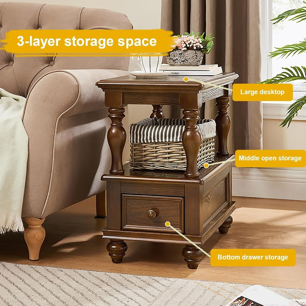 Narrow End Table with Drawer and Storage Shelf Solid Wood Slim Rectangular Sofa Side Table Nightstand for Living Room Interior ﻿ Multi Scenario Use(Black)