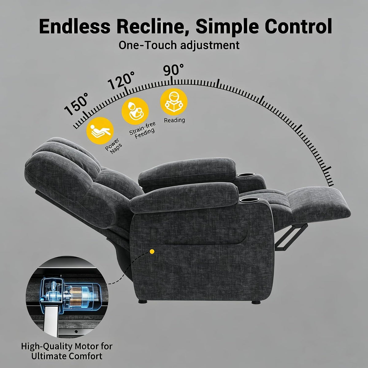 Pipishell Power Recliner Chair for Adults, One-Touch Synchronized Reclining, Oeko-TEX Chenille Fabric Electric Recliner with Remote USB Ports, Cup Holder & Side Pockets, for Living Room & Bedroom