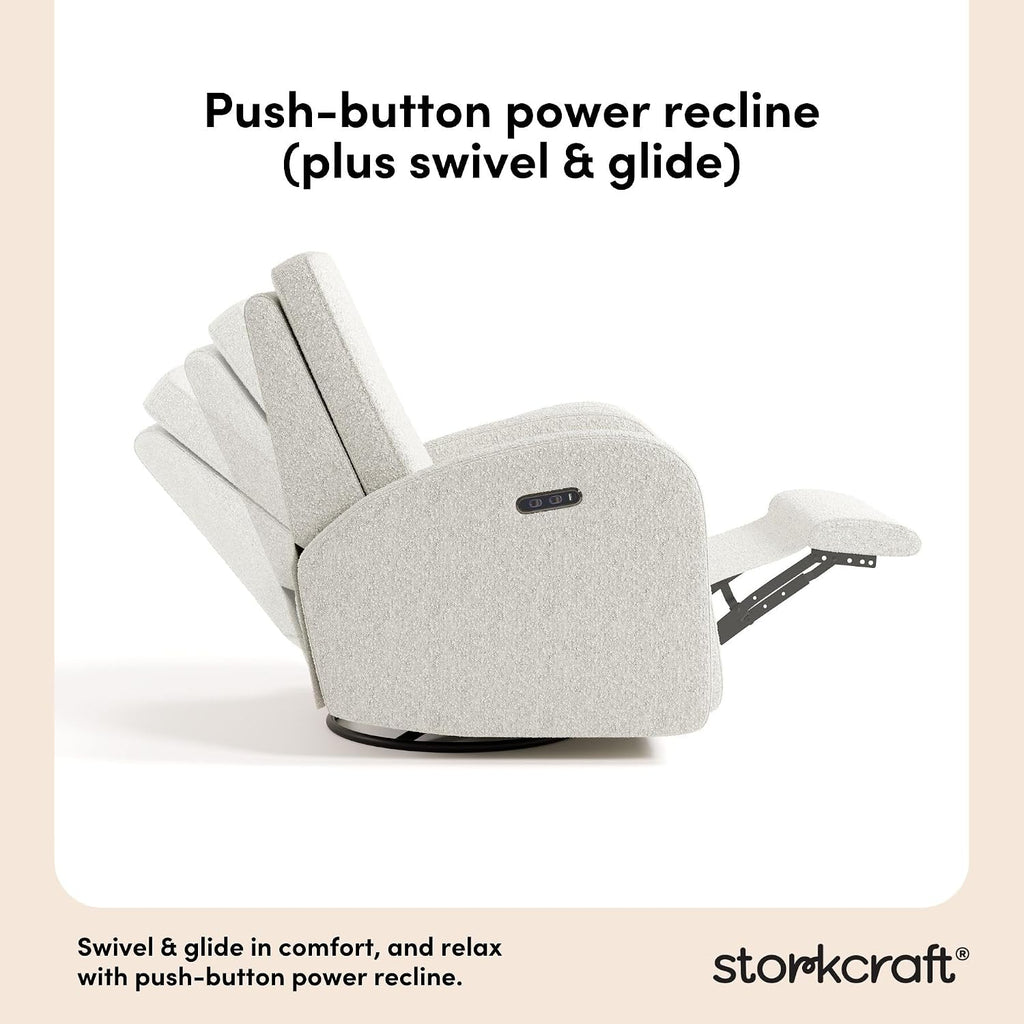 Storkcraft Santa Monica Power Recliner Swivel Glider (Ivory Boucle) – Effortless Electronic Power Recline, USB-A & USB-C Charger