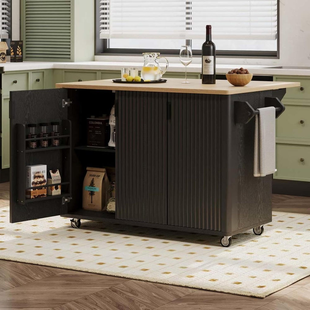 Kitchen Table with Storage with Drop Leaf Internal Storage Rack, Wood Kitchen Island with Wheels Towel Rack， for Kitchen, Dining Room, Black