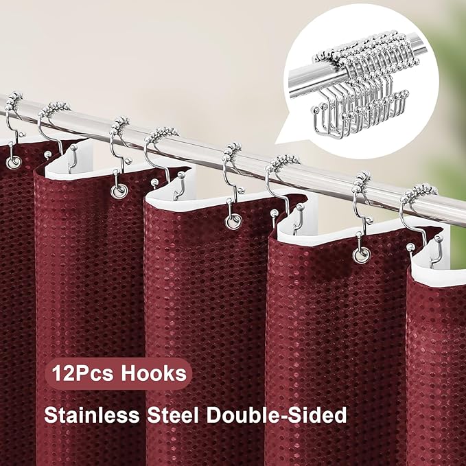 3 in 1 Extra Long Burgundy Shower Curtain Set-72 W x 84 H, Modern Waffle and PEVA Liner Set with 12 Stainless Steel Hooks, Waterproof Fabric for Bathroom