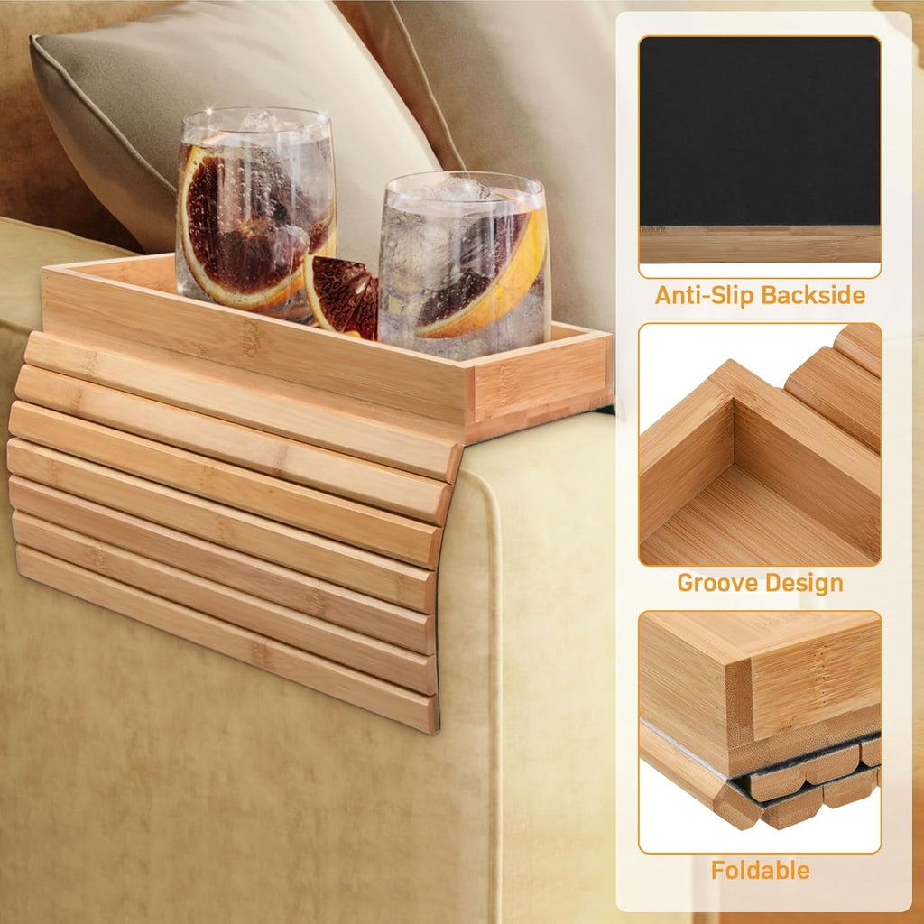 Couch Armrest Table, Bamboo Couch Cup Holder, Couch Cup Holder Tray, Sofa Arm Tray, Armchair Caddy 12.4" x 5.5" with Nonslip Felt Bottom, Sturdy Bamboo Slats for Armrests 6" and Wider (Brown)