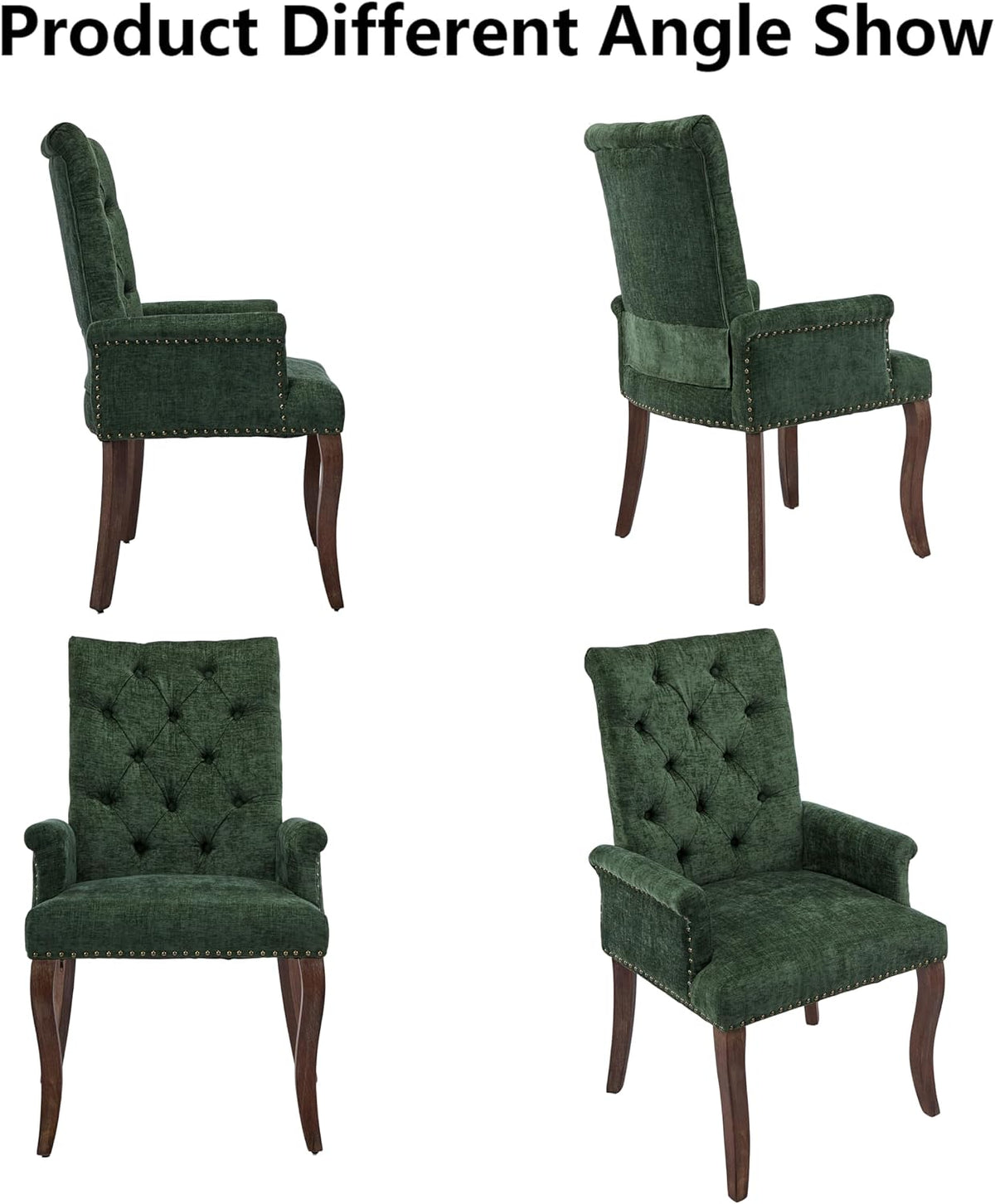 Chenille Tufted Dining Chairs with High Back,Neutral Fabric Upholstered Kitchen Chair with Rustic Solid Wood Legs,Farmhouse Side Chairs with Arms Nailhead Trim for Dining Room (Olive, 1PC)