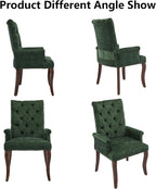 Chenille Tufted Dining Chairs with High Back,Neutral Fabric Upholstered Kitchen Chair with Rustic Solid Wood Legs,Farmhouse Side Chairs with Arms Nailhead Trim for Dining Room (Olive, 2PC)