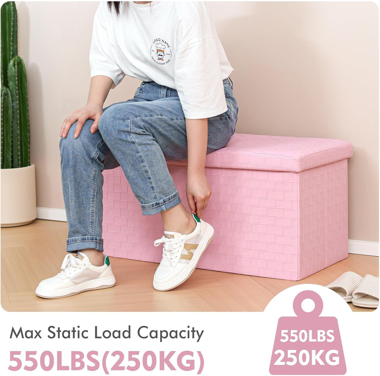 B FSOBEIIALEO Folding Storage Ottoman Bench, 30" Faux Leather Ottomans,Pink | Large Ottoman Foot Rest Padded Seat, Long Storage Bench Chest Box for Bedroom Living Room Hallway