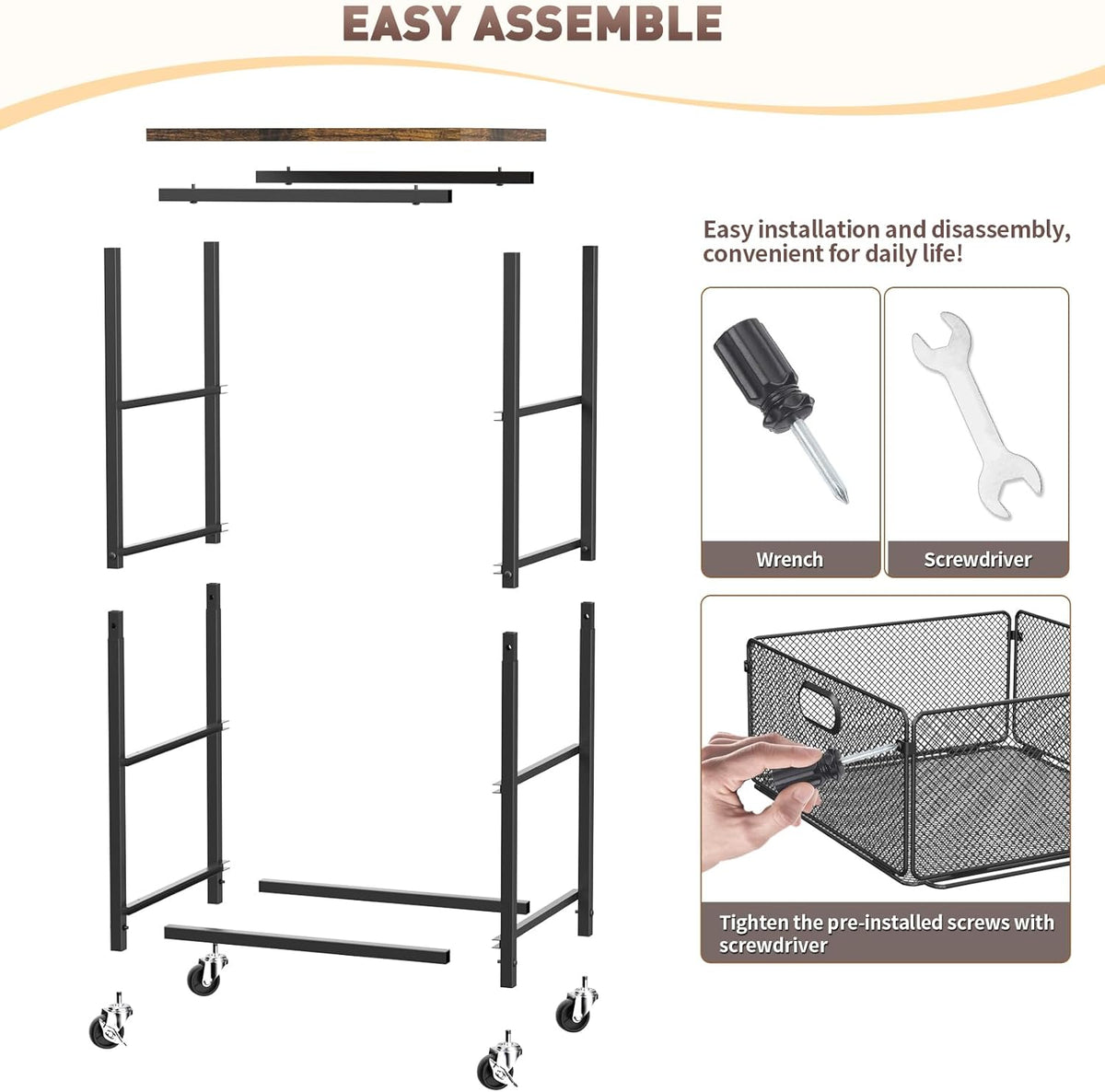 SUNALLY Rolling Kitchen Cart with Drawers, 4-Tier Utility Cart Fruit Vegetable Storage Cart with Lockable Wheels, Wooden Top Metal Kitchen Storage Organizer for Cans, Snacks, Beauty, Craft, Art, Black