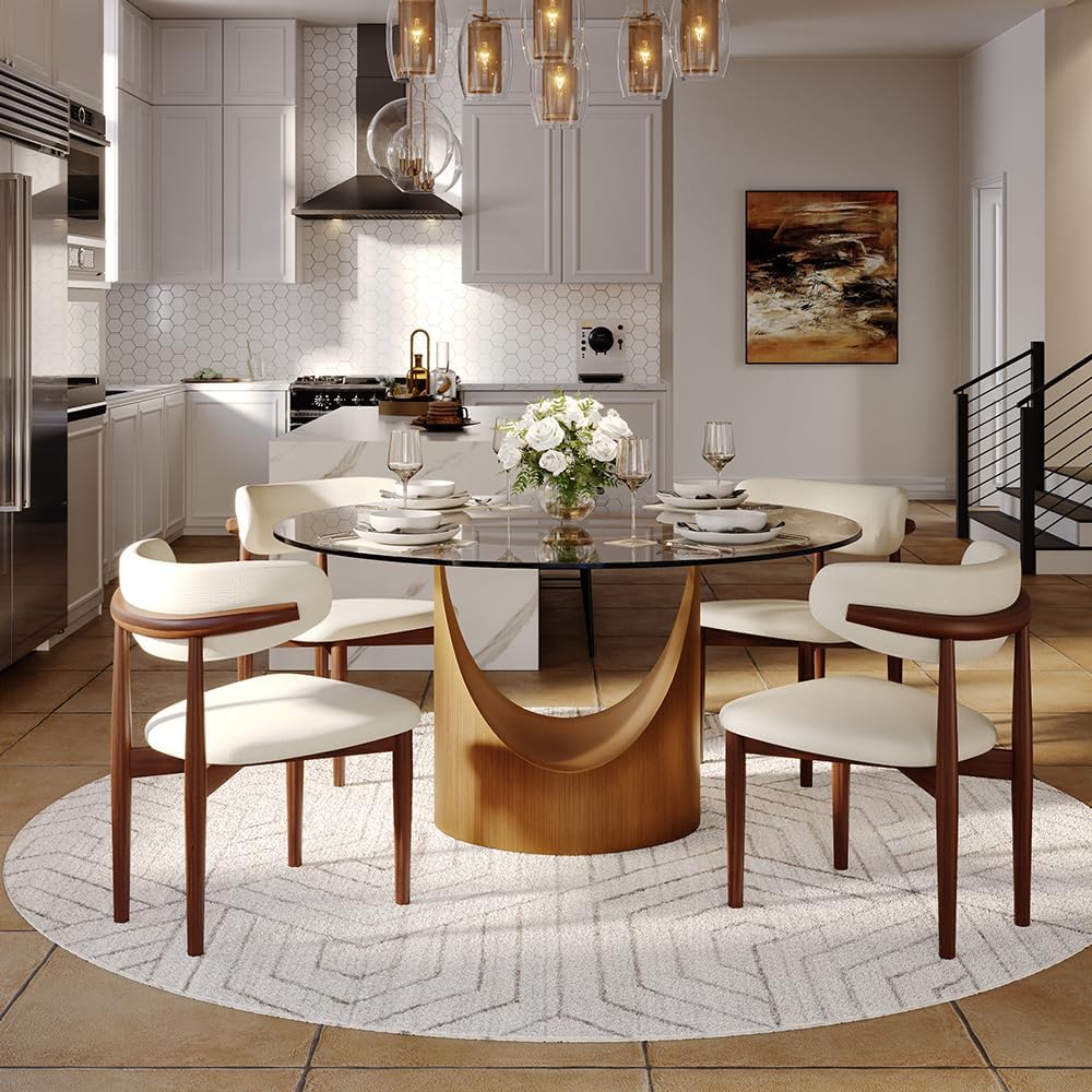 POVISON Round Dining Table for 4-6, 47" Glass Tabletop Dining Table with Bronze Carbon Steel Pedestal, Modern Dining Room Table for Kitchen, Living Room (Table Only)