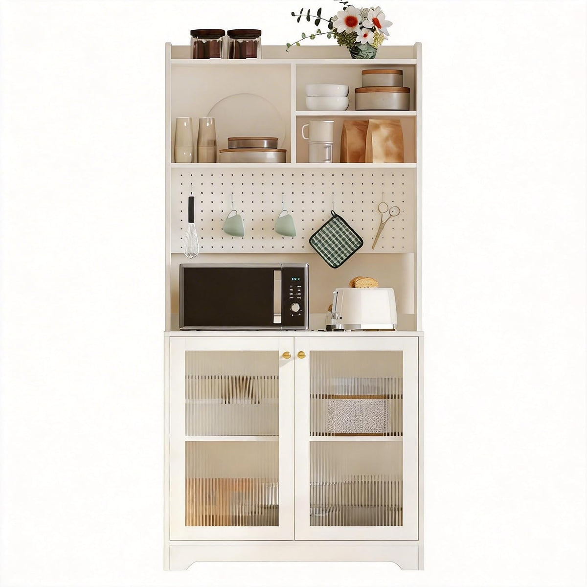 71" Tall Pantry Cabinet with 2 Glass Doors, Freestanding Kitchen Storage Cabinet with Open Storage & Adjustable Shelves, Modern Farmhouse Cupboard Coffee Bar for Dining Room, Living Room, White