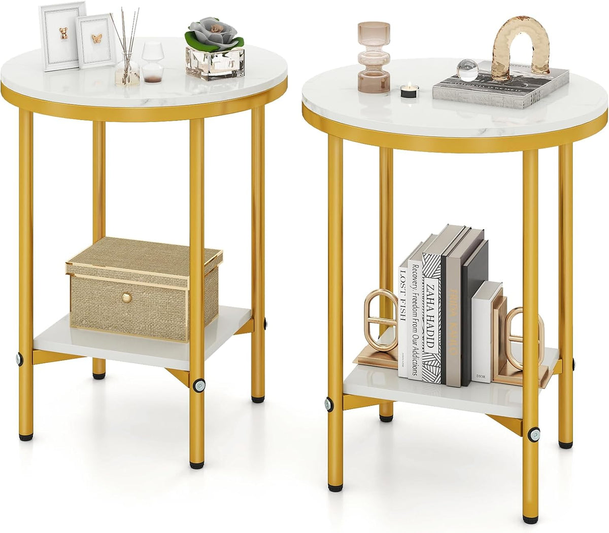 Giantex Round Side Table Set of 2, 2-Tier Faux Marble Bedside Night Stand w/Metal Frame & Open Storage Shelf, Gold Accent Style, Tall Coffee Sofa End Table for Living Room Bedroom Small Spaces
