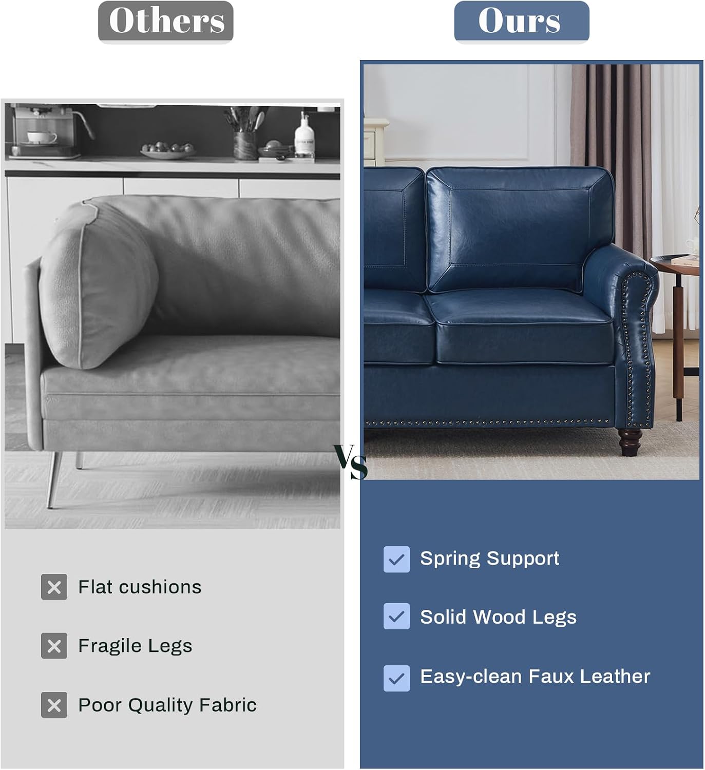 Kingfun Mid-Century Modern Couch, Faux Leather Sofa, 3 Seater Couch for Living Room with Rolled arms & Nailhead Trim, Blue