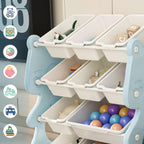Runboll Kids Toy Storage Organizer with 2 Tier Bookshelf and 12 Bins, Multi-Purpose Children's Toy Shelf Organizer with Bins for Playroom, Bedroom, Nursery, Living Room
