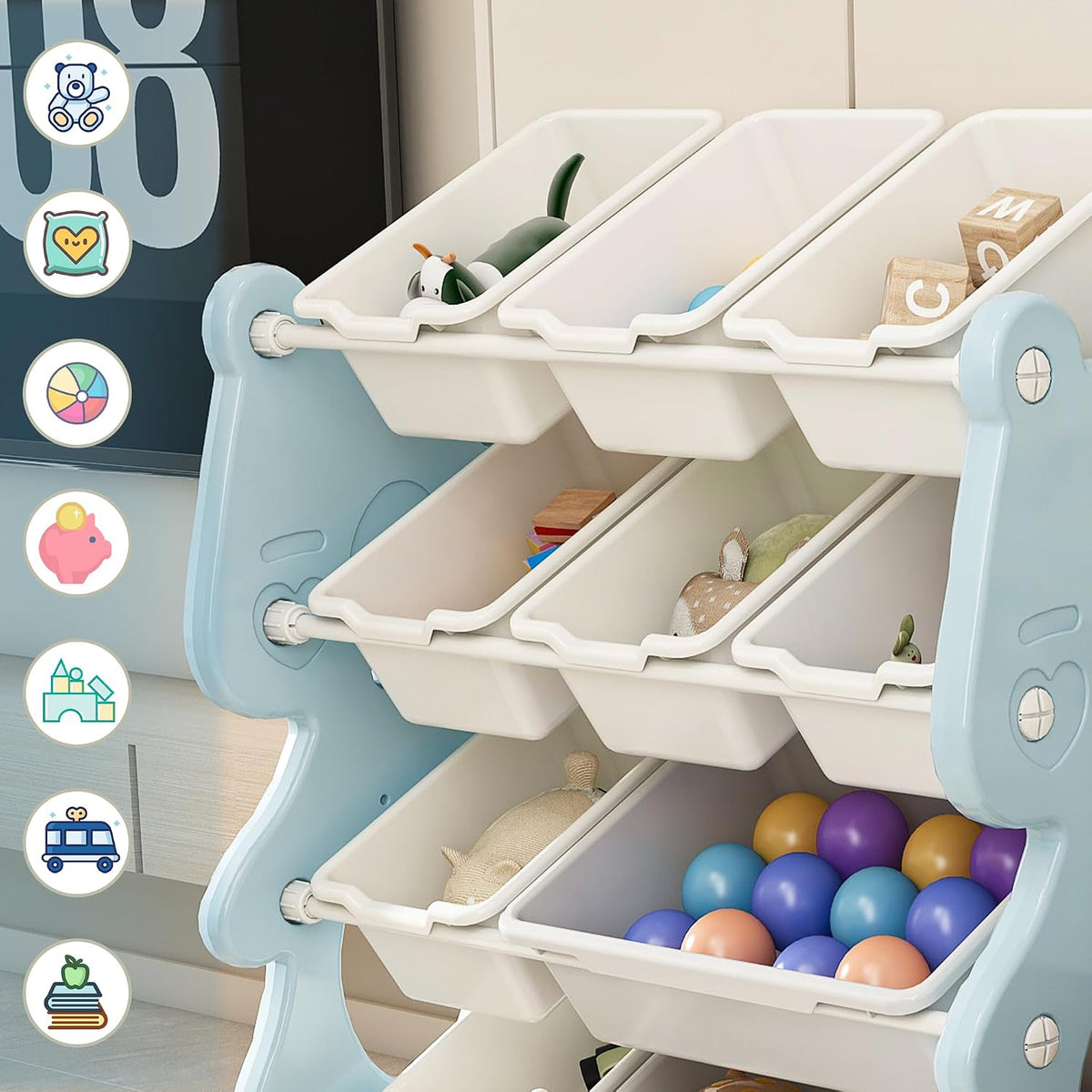 Runboll Kids Toy Storage Organizer with 2 Tier Bookshelf and 12 Bins, Multi-Purpose Children's Toy Shelf Organizer with Bins for Playroom, Bedroom, Nursery, Living Room