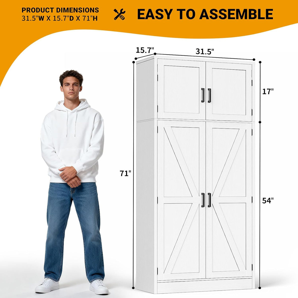 Unikito 71” Tall Kitchen Pantry Storage Cabinet with Adjustable Shelves | Large Farmhouse Storage Cupboard, Barn Doors, Sturdy and Deep, Versatile for Dinning Room, Bathroom, Living Room, White
