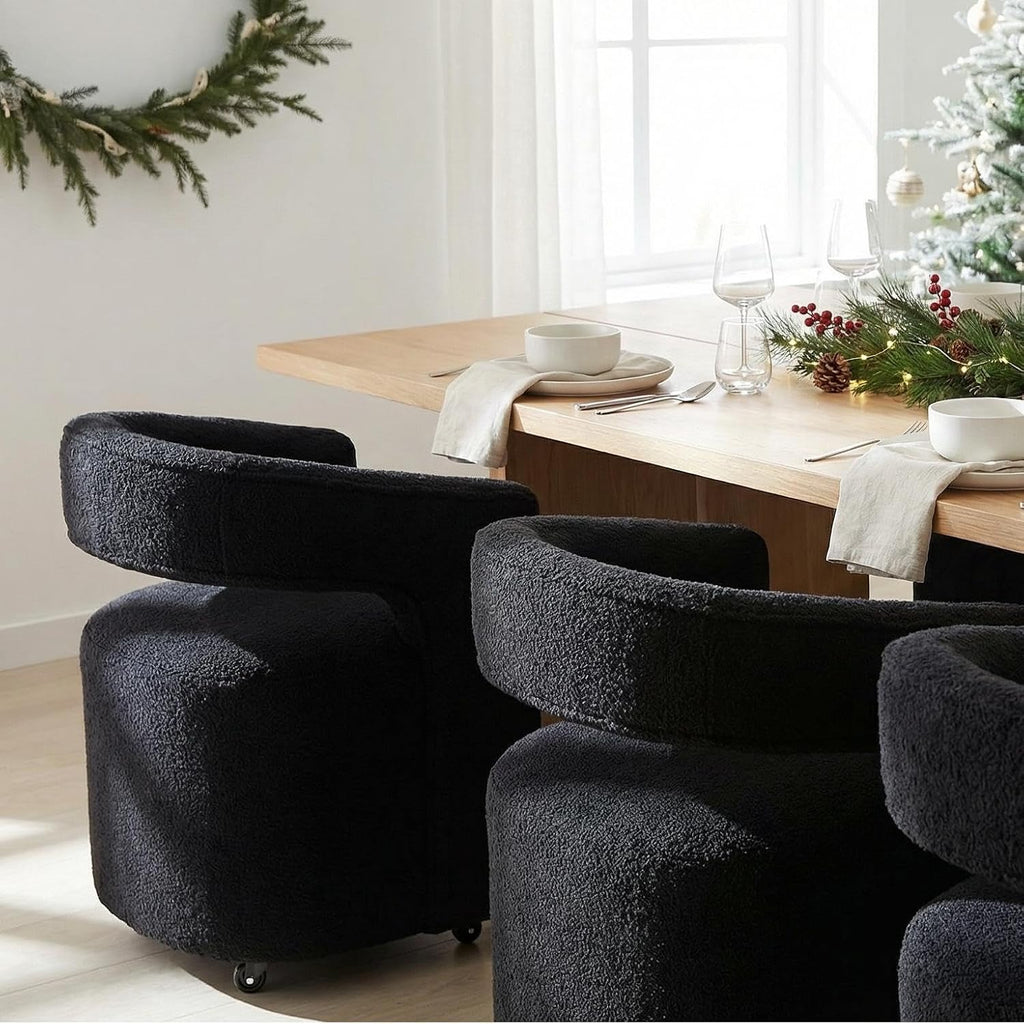 LukeAlon Sherpa Dining Chairs Set of 2, Modern 360° Swivel Kitchen Chairs with Casters Barrel Open Back Side Chairs Upholstered Dinner Chair for Dining Room Living Room, Black