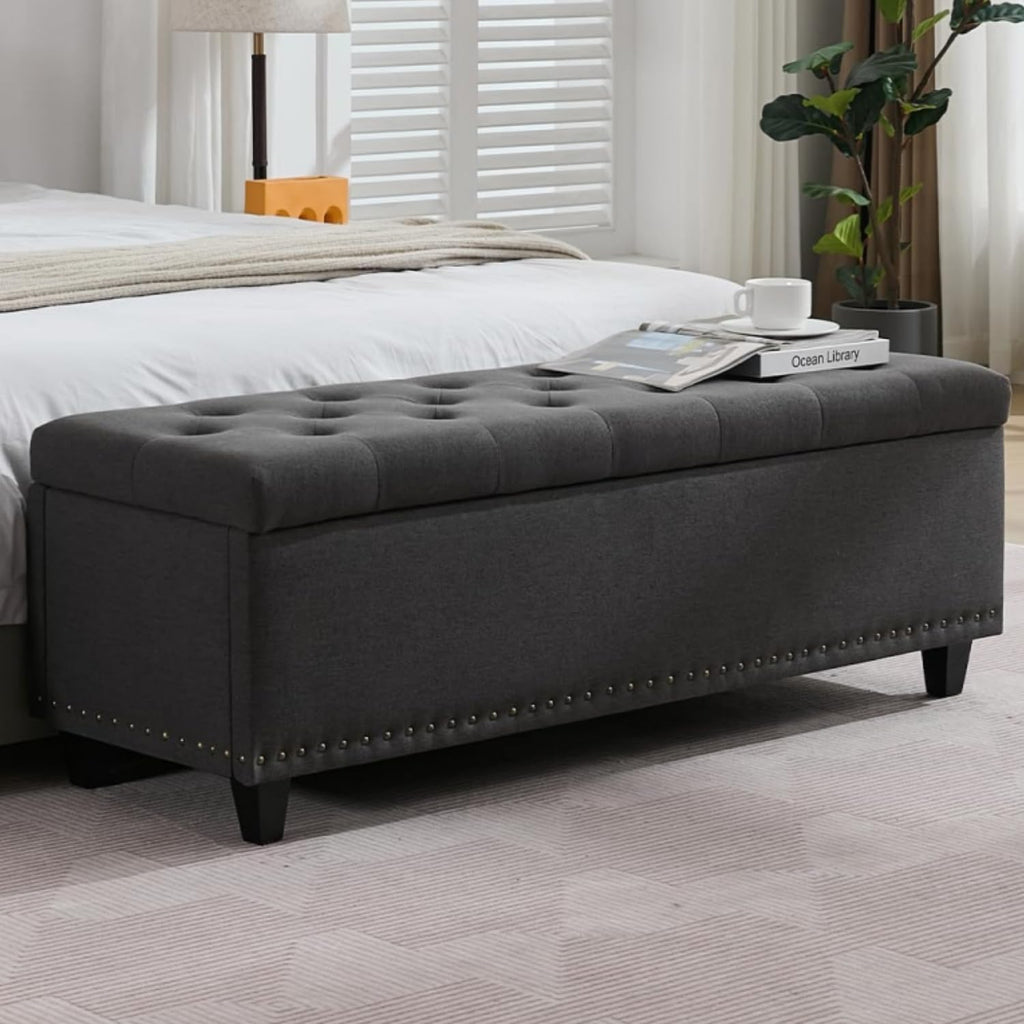 Tbfit 50.8" Ottoman with Storage, Button‑Tufted Bench with Safety Hinge and Rivets, Large End‑of‑Bed Storage Ottoman Bench for Bedroom, Living Room, Entryway, Grey
