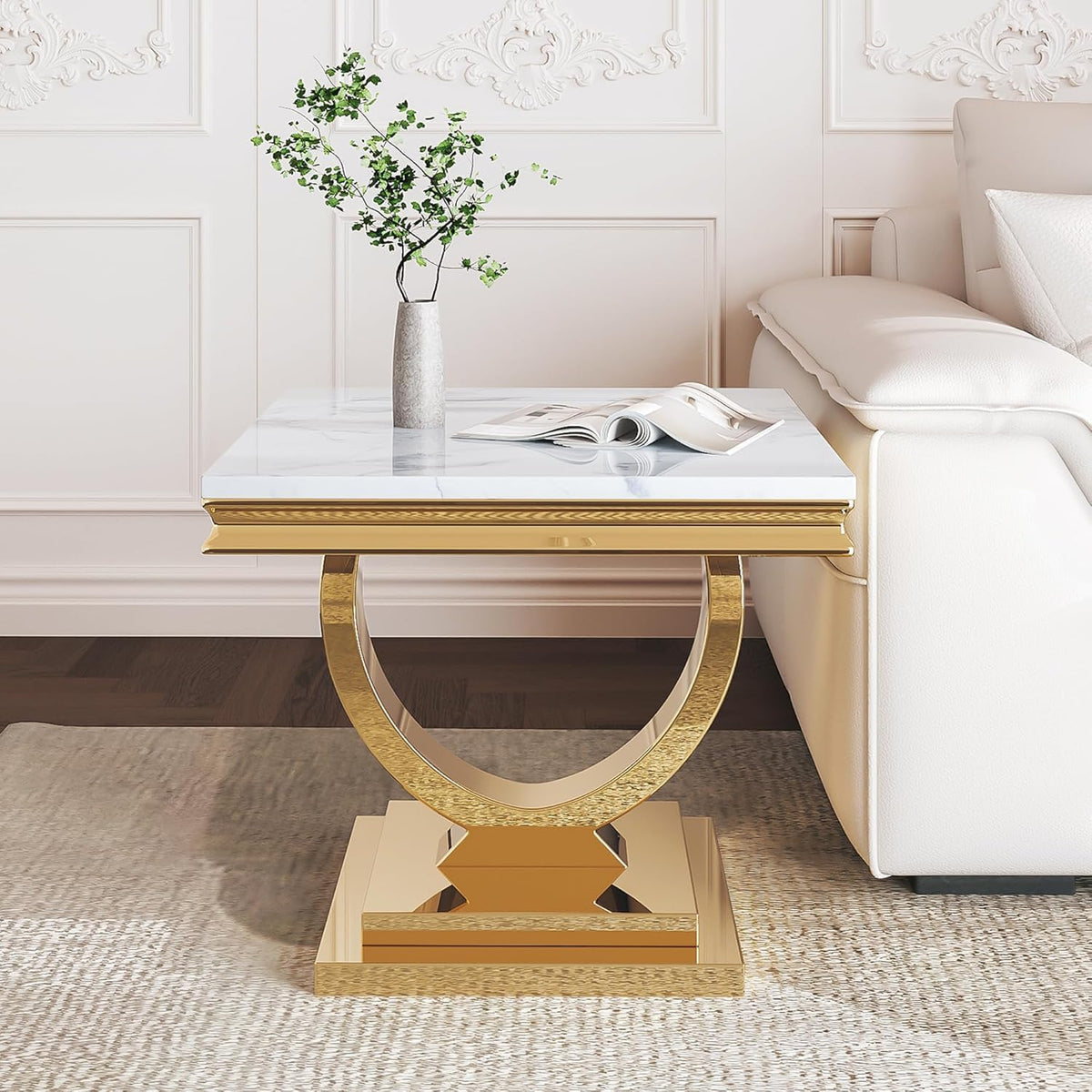 Marble Coffee Table Set of 3, Includes 1 Coffee Table with 2 Square End Side Tables, Luxury 3 Piece Living Room Table Set with White Faux Marble Tabletop & Gold Stainless Steel Base