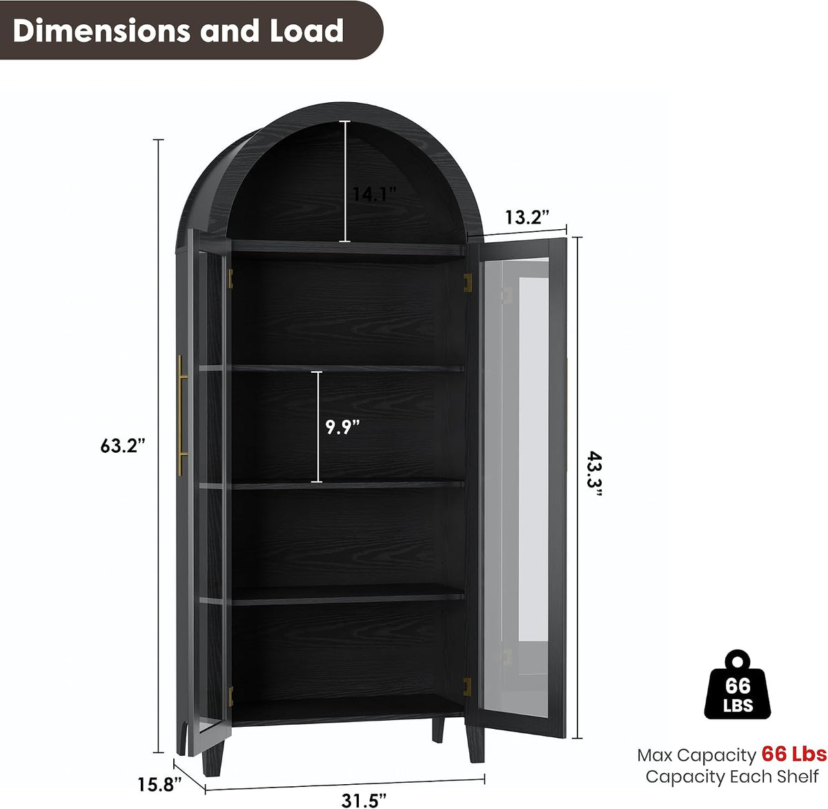 Garvee Arched Cabinet with Glass Doors, 5-Tier Kitchen Pantry Cabinet with Adjustable Shelves, Farmhouse Display Storage Cabinet for Dining Room, Living Room, Black