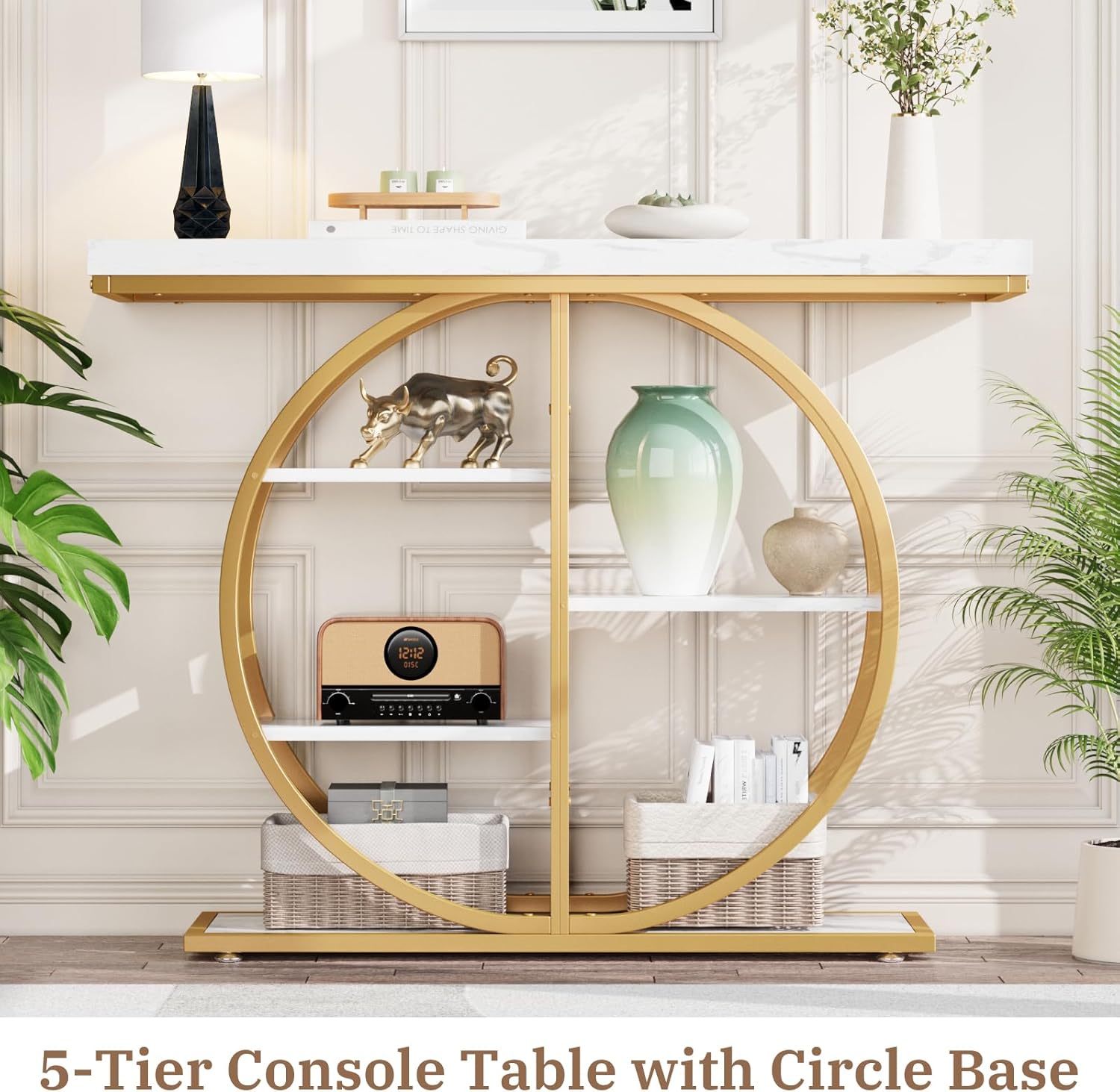 LIFECHOVY 41.3" Console Table for Entryway, Industrial Hallway Sofa Table with Storage Shelves, Narrow Accent Decor Living Room Furniture with Circle Base for Foyer, Entrance, White Gold