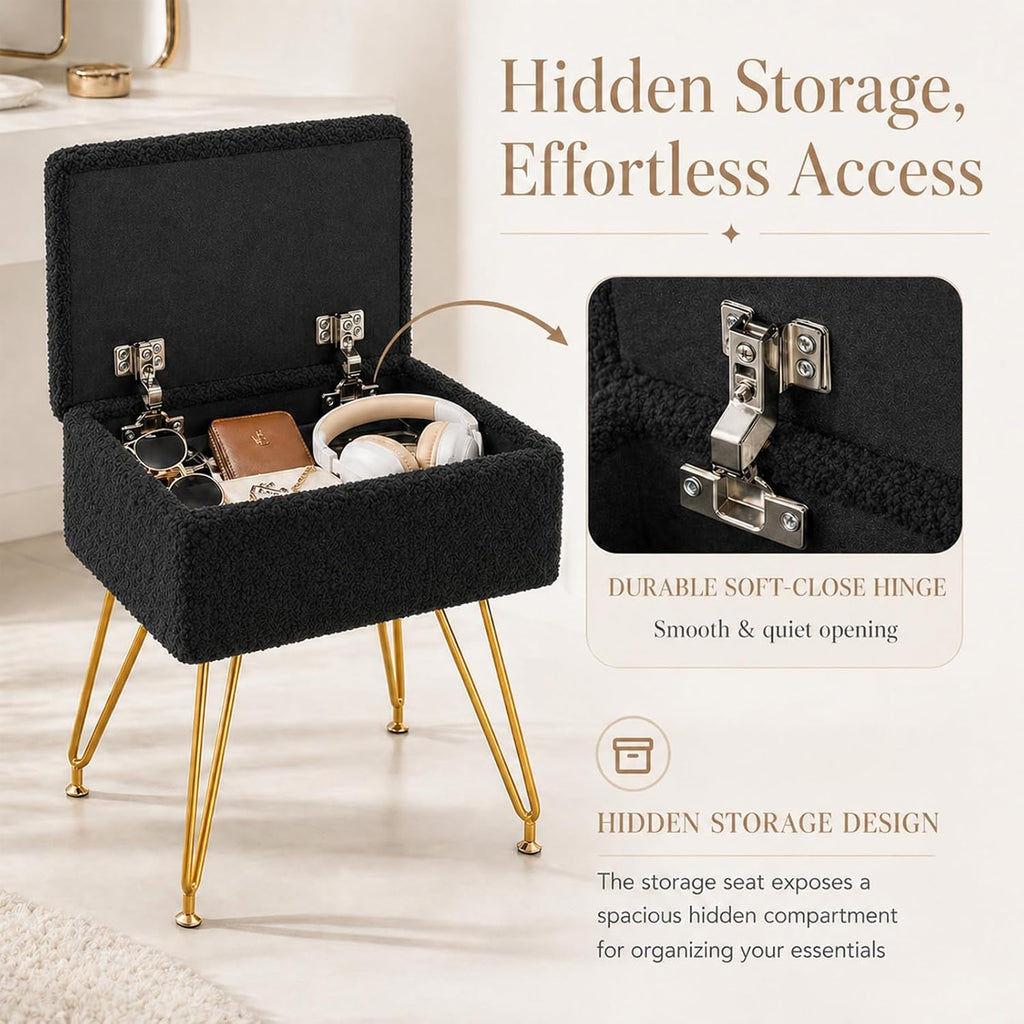 Alessing Vanity Stool Chair Ottoman with Storage, Sherpa Vanity Chair for Makeup Room, Rectangle Vanity Stools with Metal Legs, Soft Makeup Stool Footrest Footstools for Bedroom Living Room, Black | Square Padded Seat Foot Stool With Metal Legs For