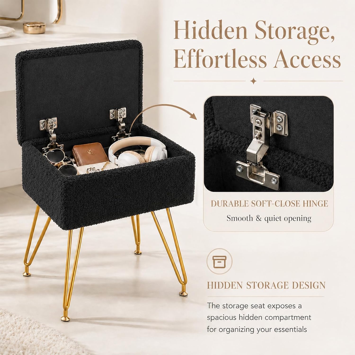 Alessing Vanity Stool Chair Ottoman with Storage, Sherpa Vanity Chair for Makeup Room, Rectangle Vanity Stools with Metal Legs, Soft Makeup Stool Footrest Footstools for Bedroom Living Room, Black | Square Padded Seat Foot Stool With Metal Legs For