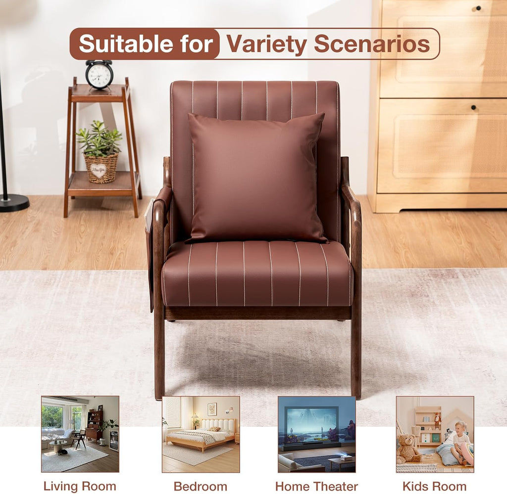 HOMMPA Mid-Century Modern Accent Chair, Comfy Reading Armchair with Solid Wood Frame & Lumbar Pillow, Upholstered Linen Lounge Chair with Side Pocket for Living Room, Bedroom,Balcony (Brown)
