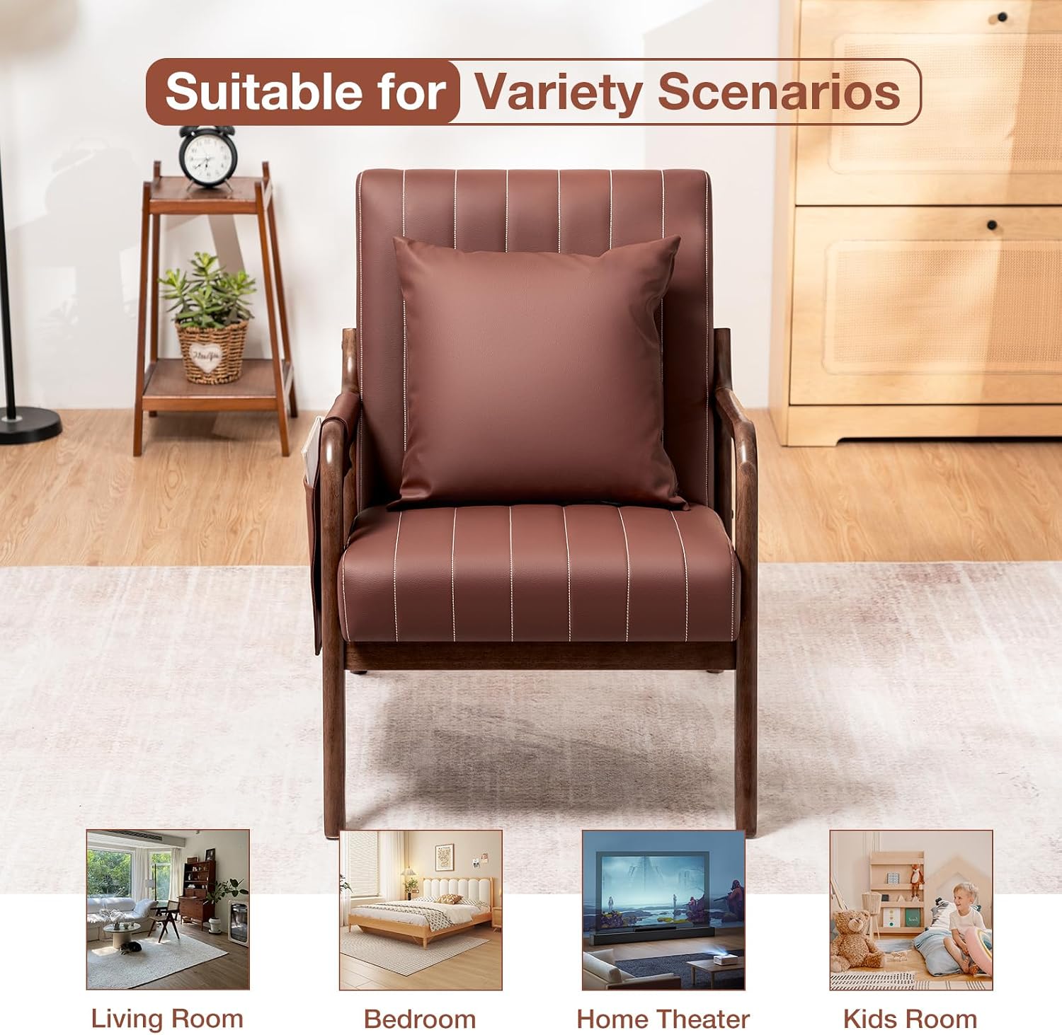 HOMMPA Mid-Century Modern Accent Chair, Comfy Reading Armchair with Solid Wood Frame & Lumbar Pillow, Upholstered Linen Lounge Chair with Side Pocket for Living Room, Bedroom,Balcony (Brown)